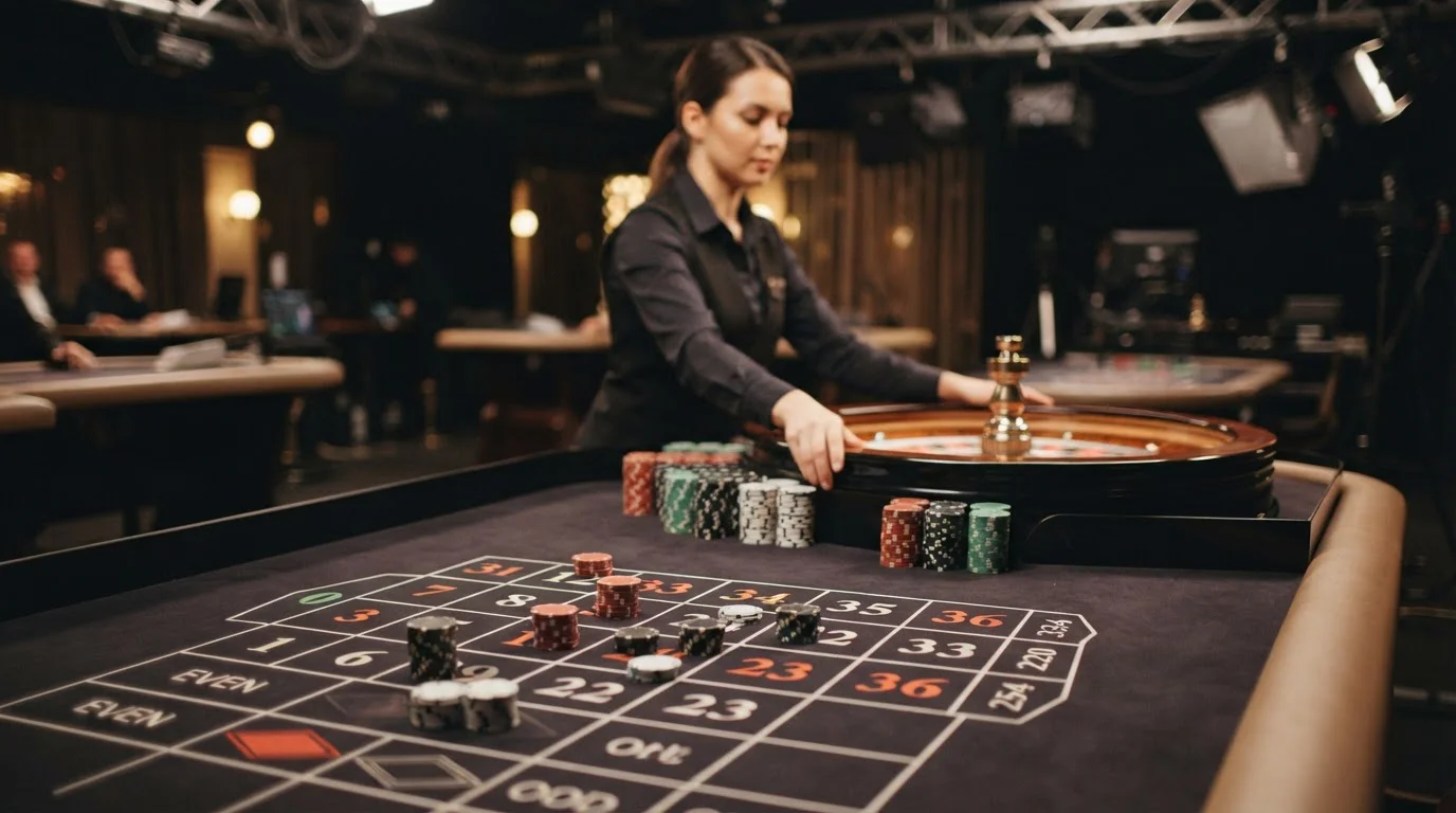 Mesa de ruleta con crupier para representar la sección de casino en vivo de Slotuna