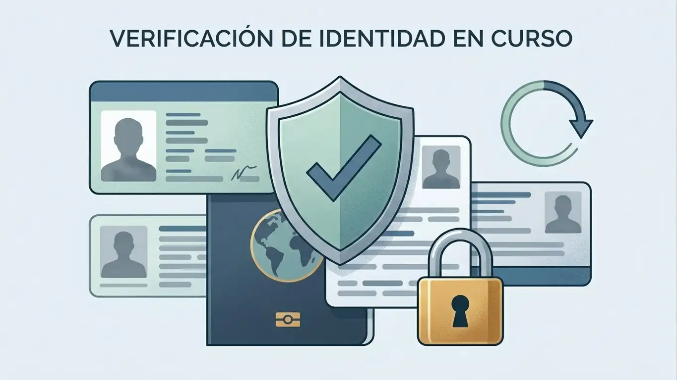 Documentos de identidad, escudo de verificación y candado digital asociados al proceso KYC