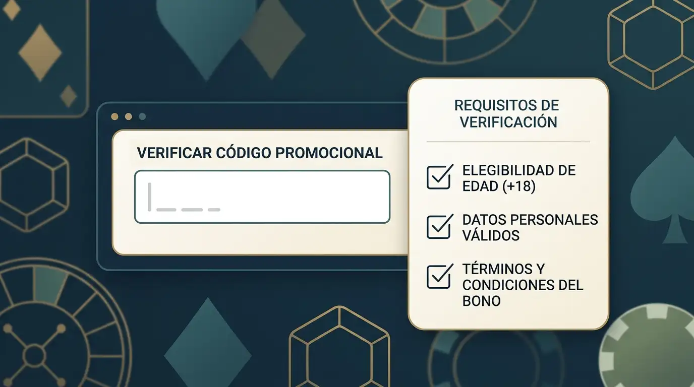 Campo de código promocional junto a una lista de comprobación para validar una oferta antes del depósito