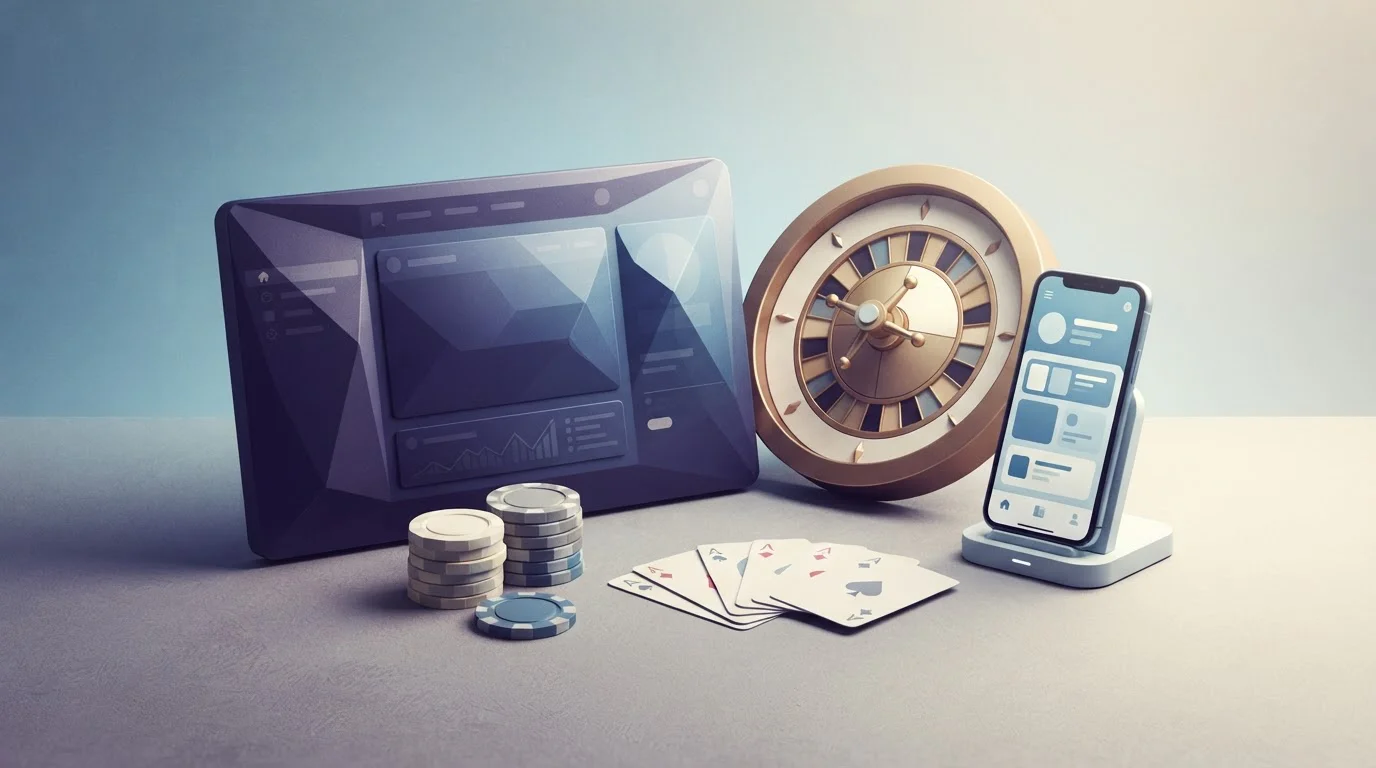 Ruleta, cartas y un teléfono móvil como símbolos de la oferta de casino online de Slotuna